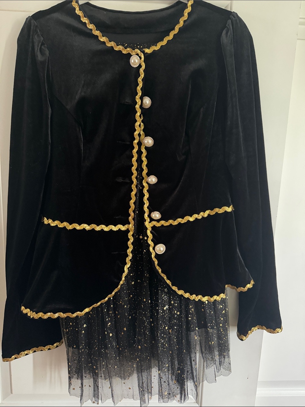 Black Velvet Blazer with Gold Trim and Pearl Buttons